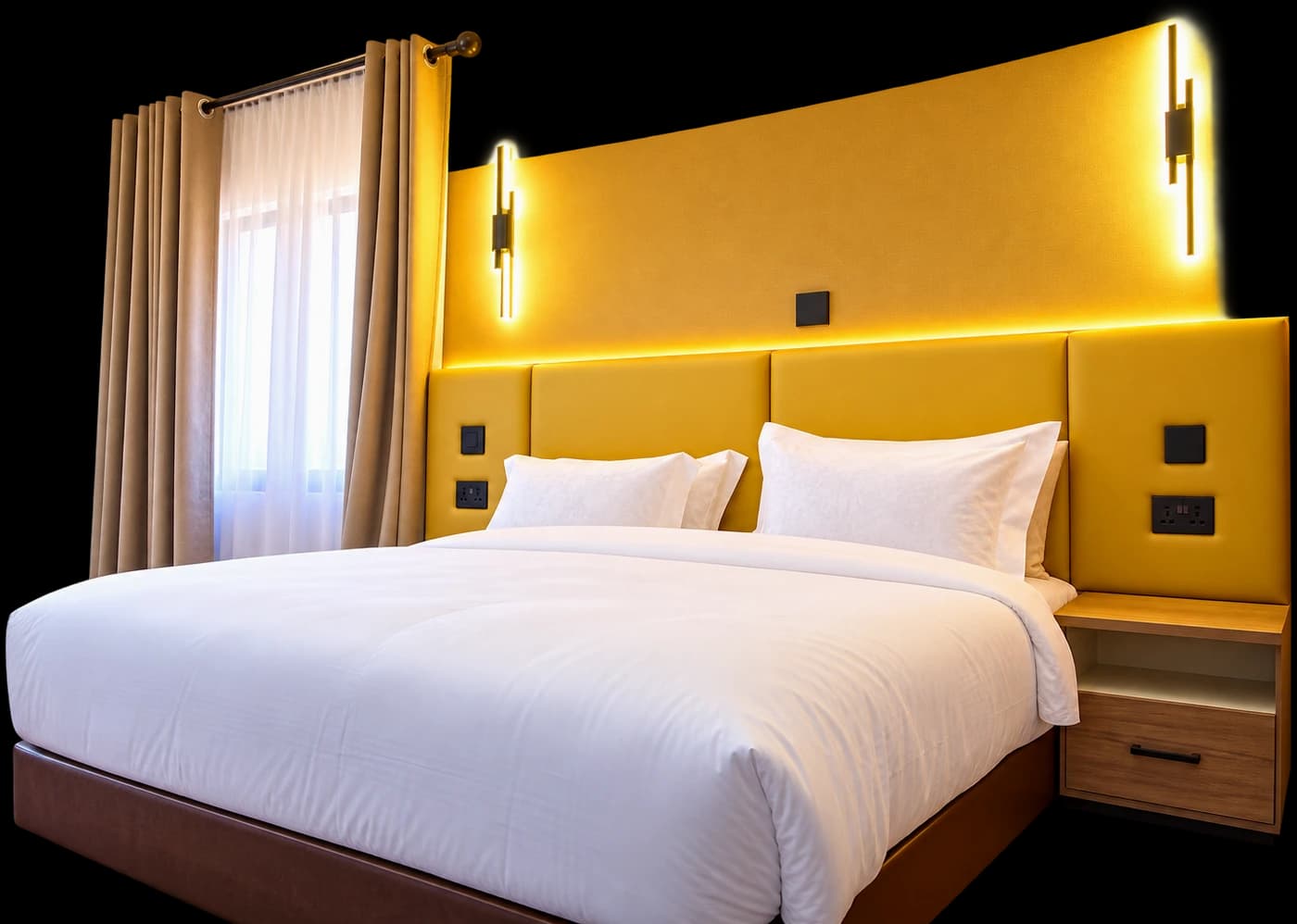 An executive room at The Leishen, Bungoma: a king bed against the back-lit gold headboard wall